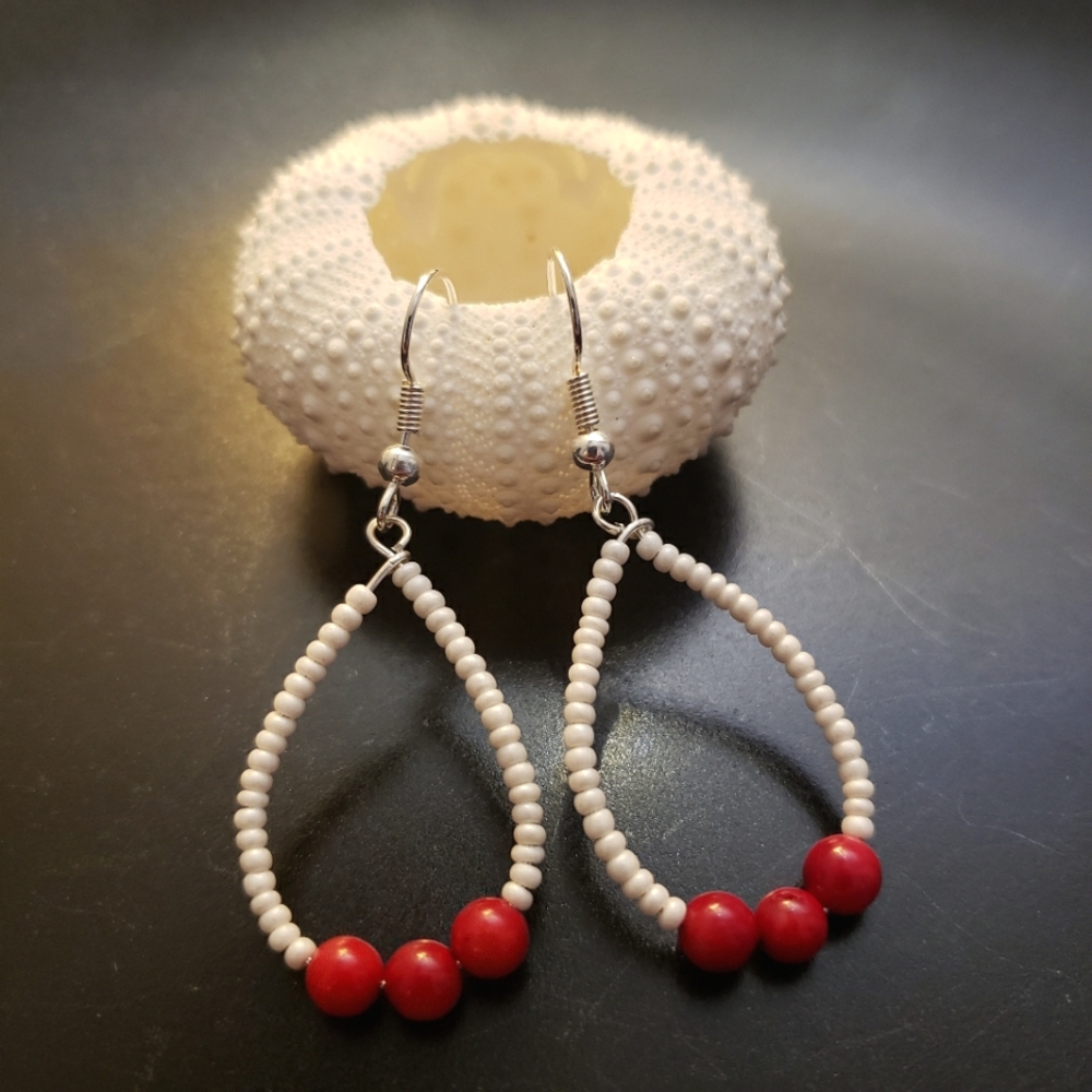 HANDMADE White Bead Teardrop Earrings w/ Red Accent